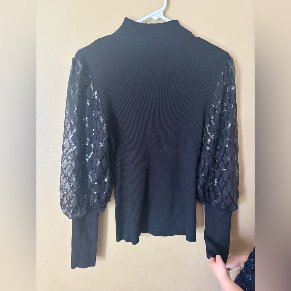Absolutely Famous Black Ribbed Mock Neck w/ Sheer Sequin Statement Sleeves M
